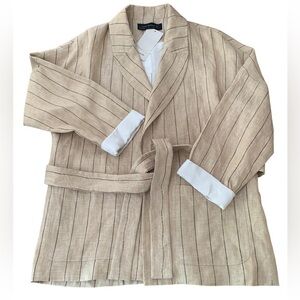 Zara Woman 100% Linen Striped Waist Tie Drop Sleeve Contrast Cuff Blazer Sz S